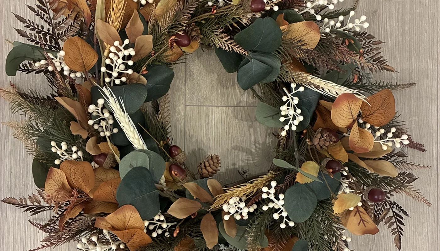 Close-up detail of eucalyptus, berries and autumn foliage